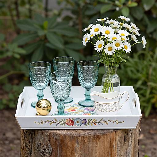 Photograph of a white tray with five blue glass cups, daisy bouquet in a glass vase, and gold ornament on a wooden stump, set against