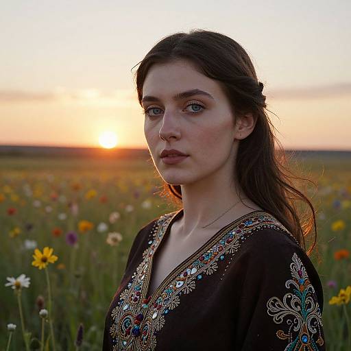 Photograph of a fair-skinned woman with dark brown hair, wearing an ornately embroidered black top, standing in a colorful wildflower field at sunset