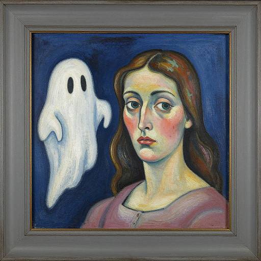 Oversized-eyed painting of a serious woman with brown hair, pink cheeks, and ghost beside her, framed in dark gray.