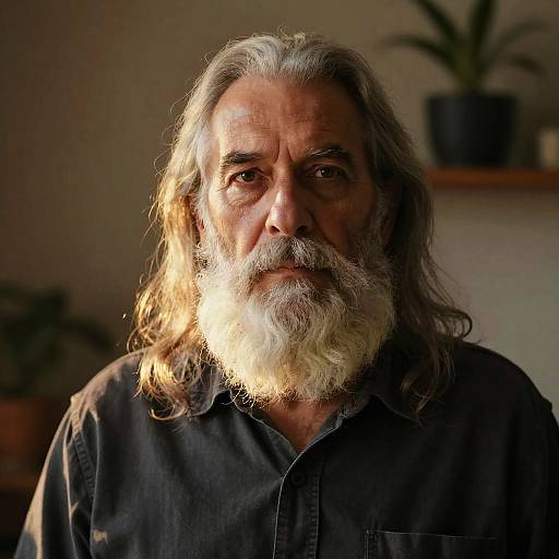 Photograph of an older man with long, gray hair and a white beard, wearing a dark button-up shirt, illuminated by soft sunlight, with a