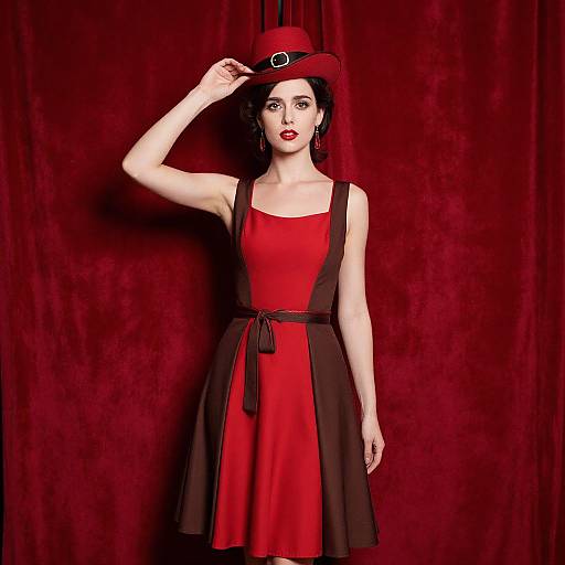 Photograph of a pale-skinned woman with black hair, wearing a red dress with black accents, black belt, and matching red hat, standing against