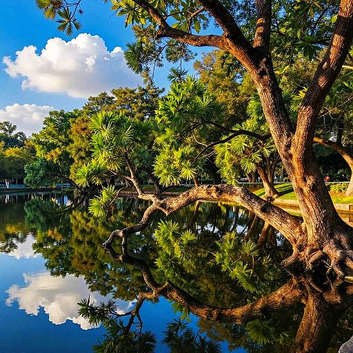 Tree with Gnarled Branches Reflected in Pond
