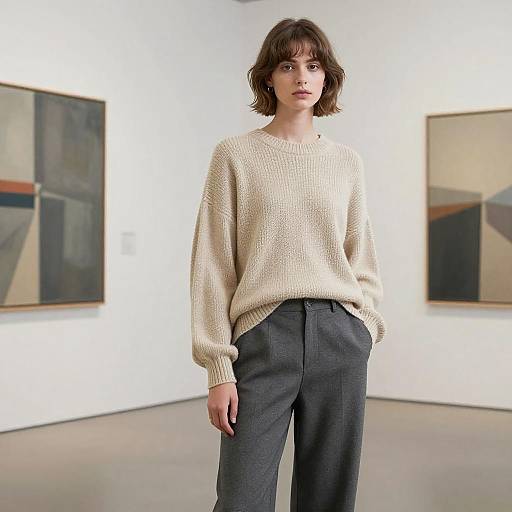 Photograph of a young woman with short brown hair, wearing a cream knit sweater and gray high-waisted pants, standing in an art gallery with