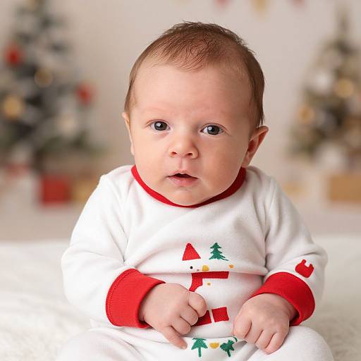 Photograph of a curious baby with light skin and brown hair, wearing a white Christmas-themed onesie with red trim and festive graphics, sitting indoors with