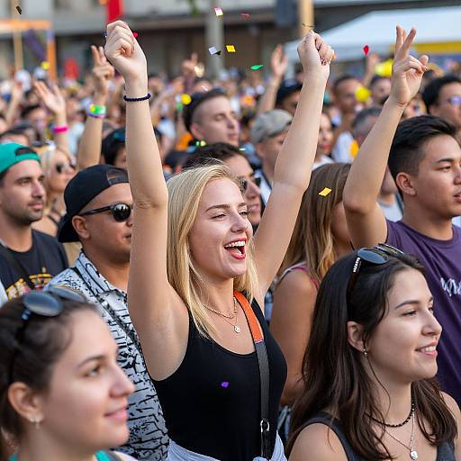 Photograph of a diverse, joyful crowd at an outdoor event, with a blonde woman in a black tank top raising both arms in excitement, surrounded by