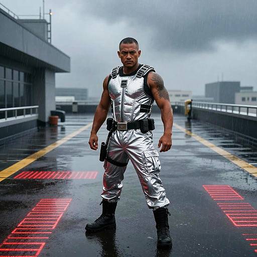 Photograph of a muscular, tattooed Black man in metallic silver tactical gear standing confidently on a wet, rainy rooftop. Red markings on the ground,