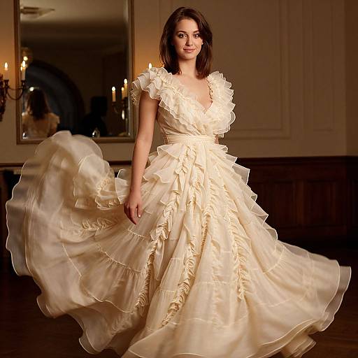 Photograph of a smiling brunette woman in a voluminous, cream-colored, ruffled ball gown, twirling in a warmly lit, elegant room.
