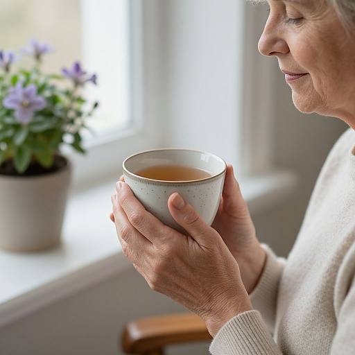 Elderly Woman Enjoying Tea Near Window