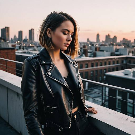 Fashion Influencer on Urban Rooftop at Dusk