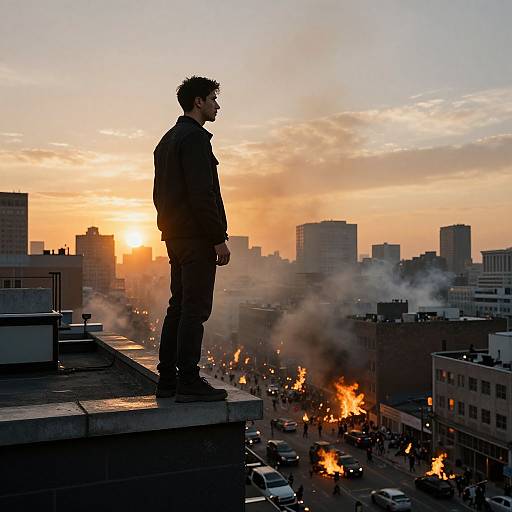 Photograph of a silhouette man in dark clothes standing on rooftop at sunset, city below with fires and smoke. Urban chaos.