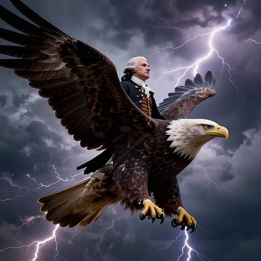 Photograph-style digital art of an elderly man in a dark military uniform riding a soaring bald eagle amidst a stormy sky with lightning.