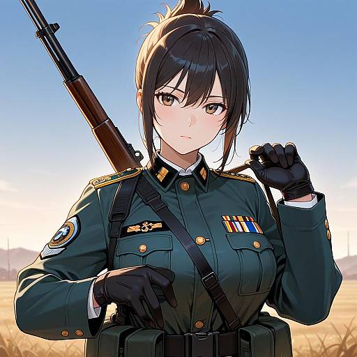 Female Soldier in Military Uniform with Rifle