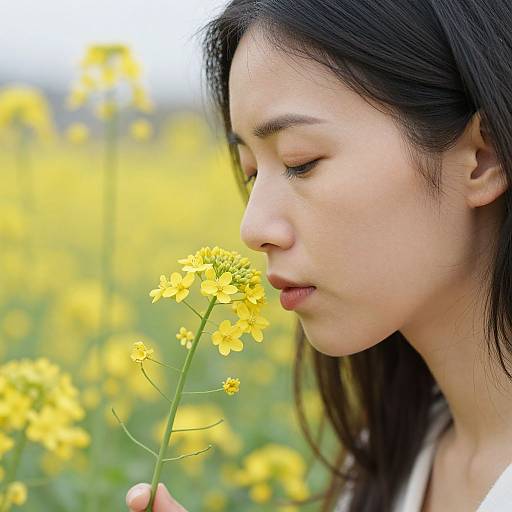 Woman Smelling Yellow Blossoms