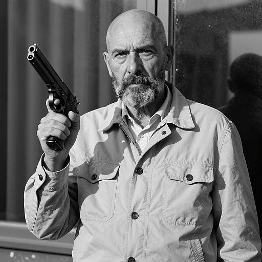 Intense Portrait of a Bald Man with Gun