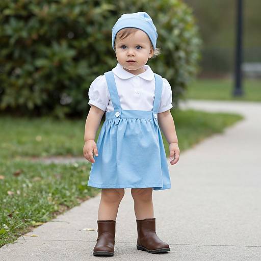 Photograph of a young toddler with light skin and brown hair, wearing a blue bonnet, white shirt, light blue dress, and brown boots,
