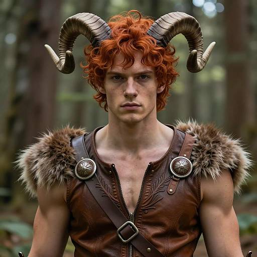 Male Faun Cosplay with Curved Horns in Forest