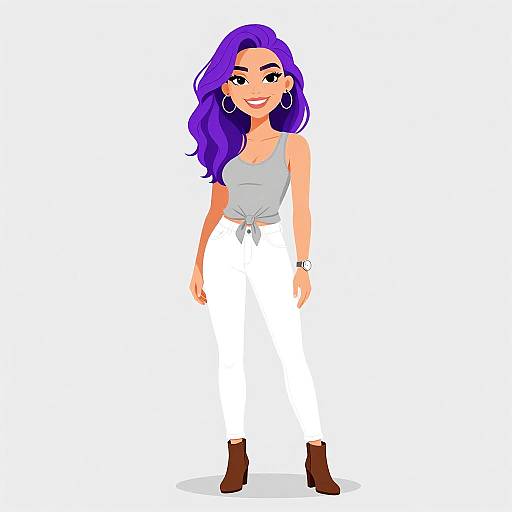 Cartoon-style digital illustration of a smiling woman with long purple hair, wearing a gray tied tank top, white pants, brown ankle boots, and large