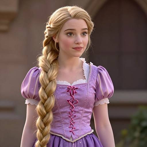 Digital 3D rendering of a blonde woman with a long braid, wearing a lavender Disney-style dress with pink lacing, standing outdoors against a