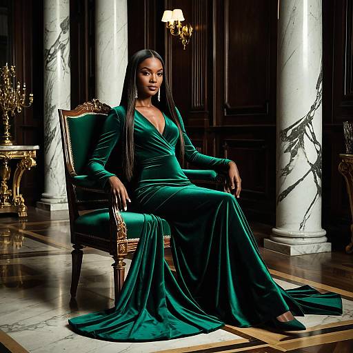 Elegant Woman in Emerald Velvet Evening Gown