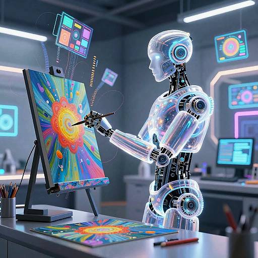 Glowing robot artist painting vibrant digital abstract on canvas in futuristic studio with neon screens and modern equipment. CGI image.