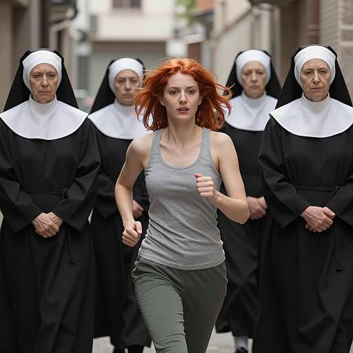 Dynamic Woman Amidst Stoic Nuns