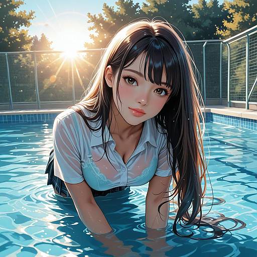 Sunlit Schoolgirl in Pool Scene