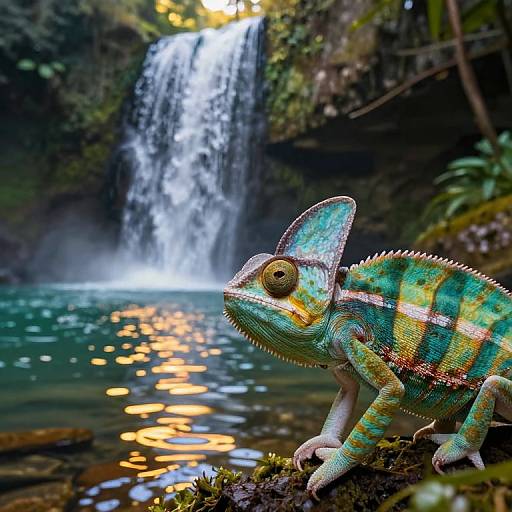 Photograph of a vibrant green and blue chameleon with yellow eyes in the foreground, standing on a mossy rock near a cascading waterfall with sunlight