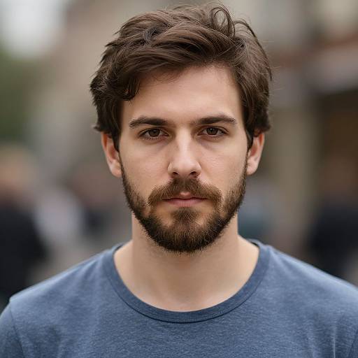 Photograph of a young, white man with brown, slightly wavy hair and beard, wearing a blue shirt, standing outdoors with a blurred urban background