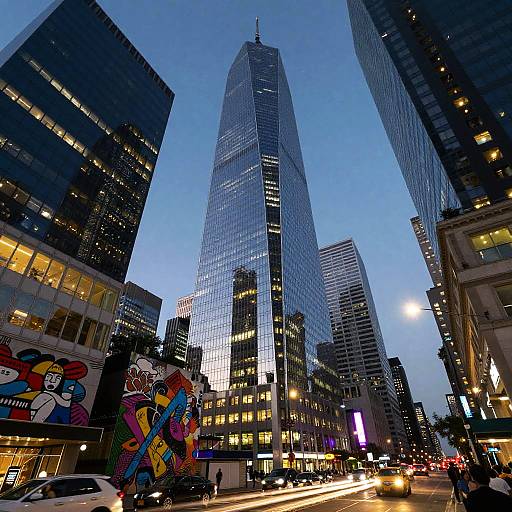 Photograph of a bustling cityscape at dusk, featuring a towering, reflective skyscraper flanked by other buildings, colorful graffiti on the left, and