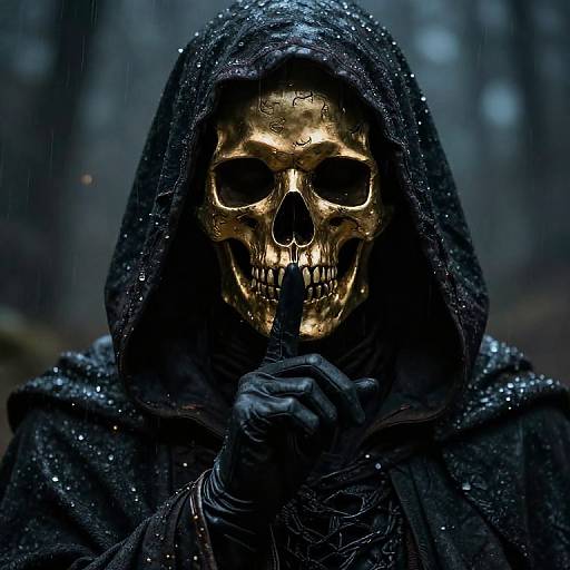 Photograph of a glowing gold skull in a dark, hooded, rain-soaked cloak, holding a finger to lips in a mysterious forest.