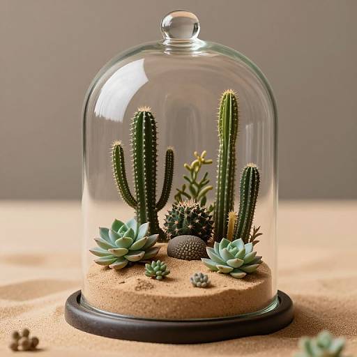 Photograph of a glass dome containing cacti and succulents on a sandy base, set against a neutral gray background.