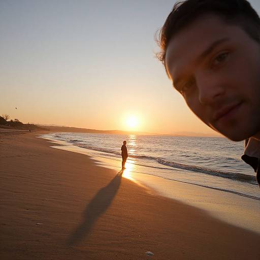 Photograph of a man's close-up face in the right foreground, with a silhouetted person walking on a golden sandy beach at sunset,