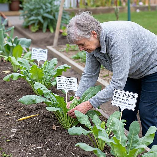 Photograph of an elderly woman with gray hair, wearing a gray sweater, tending a vegetable garden with labeled plant signs.