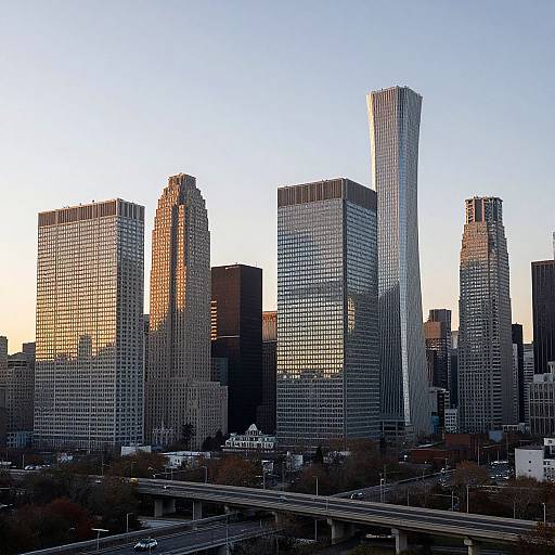 Photograph of a modern city skyline at sunset, featuring tall, reflective skyscrapers with unique, wavy and rectangular designs, casting shadows, and