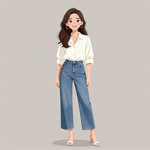 Digital illustration of a smiling woman with long brown hair, wearing a white button-up shirt, high-waisted blue jeans, and white heels.