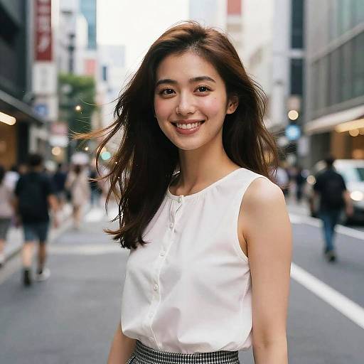 Photograph of a smiling Asian woman with long dark hair, wearing a white sleeveless blouse and checkered skirt, standing on a busy urban street with