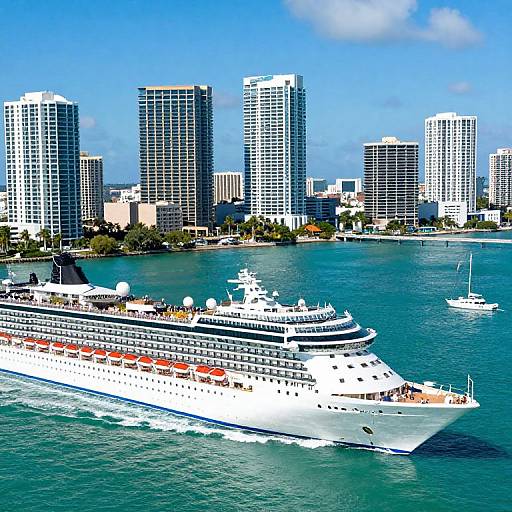 Photograph of a large white cruise ship sailing past a vibrant, blue ocean with a modern city skyline of tall, blue-tinted skyscrapers