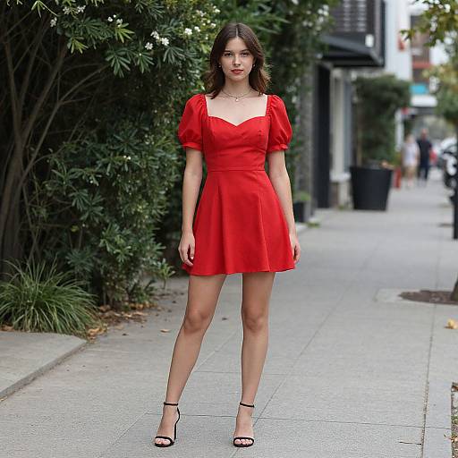 Photograph of a young woman with fair skin, dark brown hair, in a red, puffed-sleeve dress and black heels, standing on