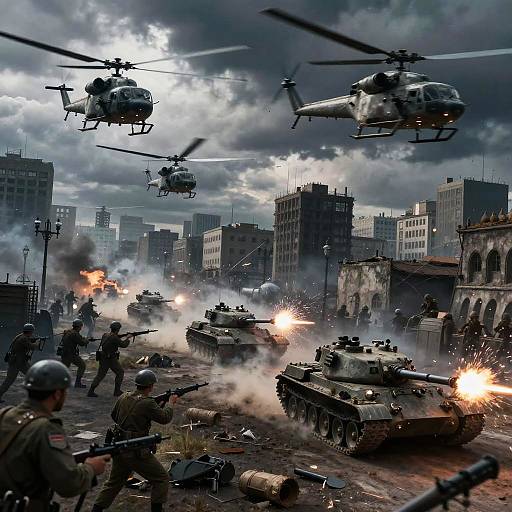 Photograph of intense urban battlefield: soldiers in helmets, tanks, and helicopters engage in fierce firefight amidst smoke and exploding buildings.