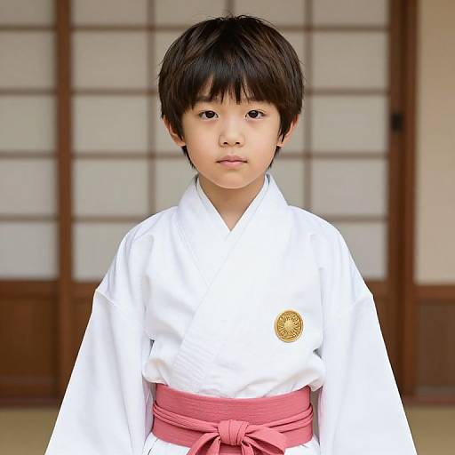 Photograph of a young Japanese boy with short black hair, wearing a white kimono with a pink obi and gold emblem, standing in front of
