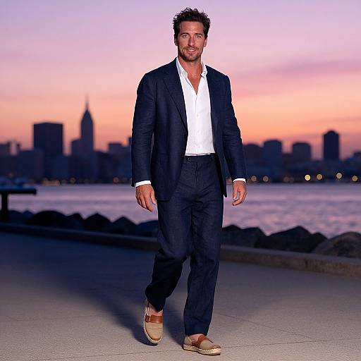 Photograph of a handsome man with short, dark hair and beard, wearing a black suit, white shirt, and tan shoes, walking on a waterfront