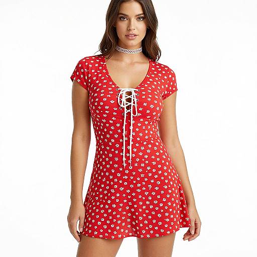 Photograph of a young woman with long dark hair, wearing a red, short-sleeved, heart-patterned dress with a white lace-up front