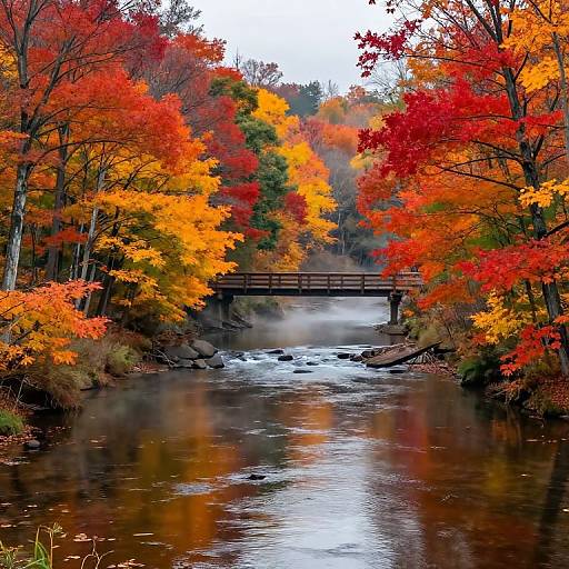 Autumn River with Wooden Bridge
