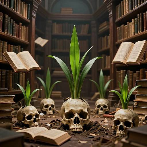 Photograph of a library aisle with skull planters, each holding a green plant, surrounded by open books and stacked books.
