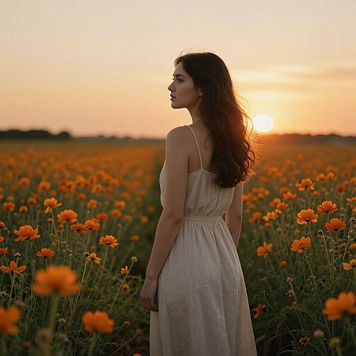 Photograph of a woman with long brown hair in a beige sundress, standing in a vibrant orange poppy field at sunset.