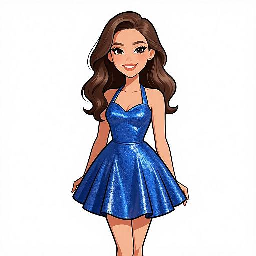 Digital cartoon of a smiling woman with long brown hair in a sparkly blue halter dress, standing against a white background.