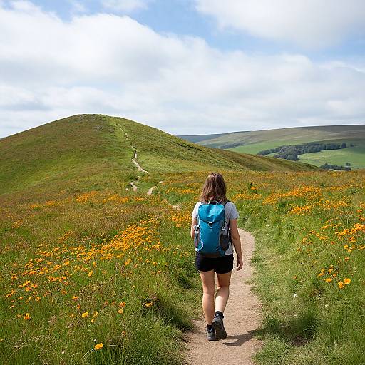 Woman Hiking Through Peak District Wildflowers