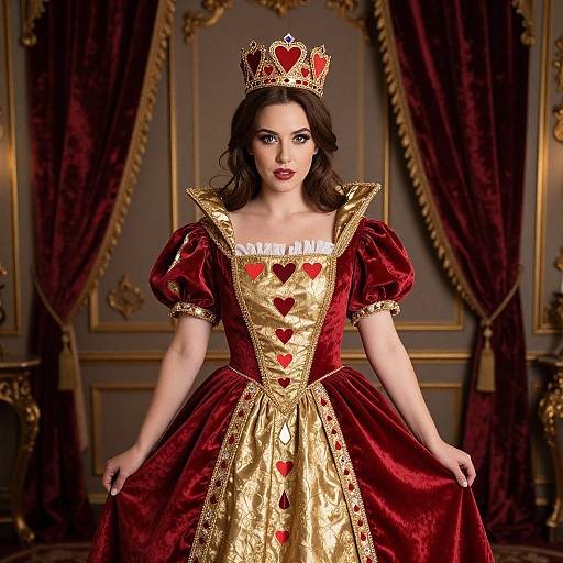 Photograph of a pale-skinned woman with dark hair, wearing a red and gold heart-adorned princess dress and crown, standing in an op