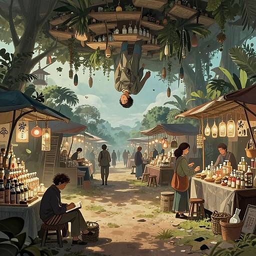 Digital illustration of a vibrant, jungle marketplace with hanging lanterns, shelves of bottles, and customers browsing under lush greenery.