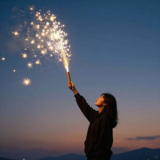 Photograph of a woman with long dark hair, silhouetted against a twilight sky, lighting a sparkler with bright, glowing stars.